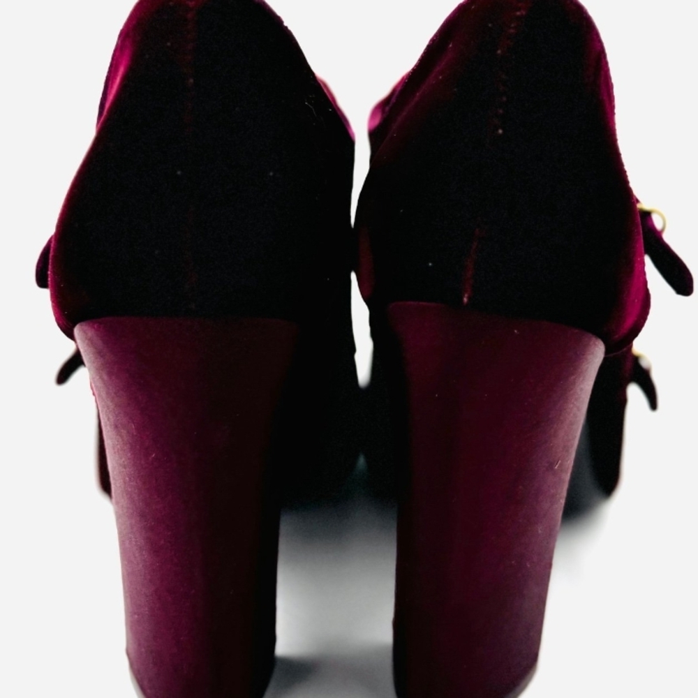 Tory Burch Burgundy Velvet Double Monk Strap Heels Size 11 Block Heel Luxe - Picture 3 of 6